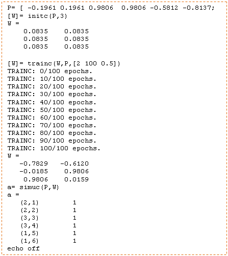 Cuadro de texto: P= [ -0.1961 0.1961 0.9806  0.9806 -0.5812   -0.8137;    [W]= initc(P,3)    W =        0.0835    0.0835        0.0835    0.0835        0.0835    0.0835        [W]= trainc(W,P,[2 100 0.5])    TRAINC: 0/100 epochs.    TRAINC: 10/100 epochs.    TRAINC: 20/100 epochs.    TRAINC: 30/100 epochs.    TRAINC: 40/100 epochs.    TRAINC: 50/100 epochs.    TRAINC: 60/100 epochs.    TRAINC: 70/100 epochs.    TRAINC: 80/100 epochs.    TRAINC: 90/100 epochs.    TRAINC: 100/100 epochs.    W =       -0.7829   -0.6120       -0.0185    0.9806        0.9806    0.0159    a= simuc(P,W)    a =       (2,1)        1       (2,2)        1       (3,3)        1       (3,4)        1       (1,5)        1       (1,6)        1    echo off